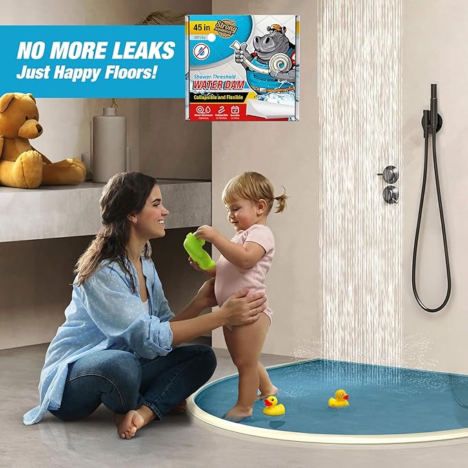 Shower Threshold Water Dam Barrier 45" - White Collapsible Shower Water Blocker - Guard for Walk in Shower - Water Guard Stopper for Floor - Shower Door Water Blocker by Hippo Dam