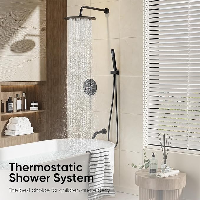 Gabrylly Thermostatic Shower System with Tub Spout, All Metal Bathtub Shower Faucets Set with Anti Scald Shower Valve, High Pressure 10" Rain Shower head with Handheld Spray Combo, Matte Black