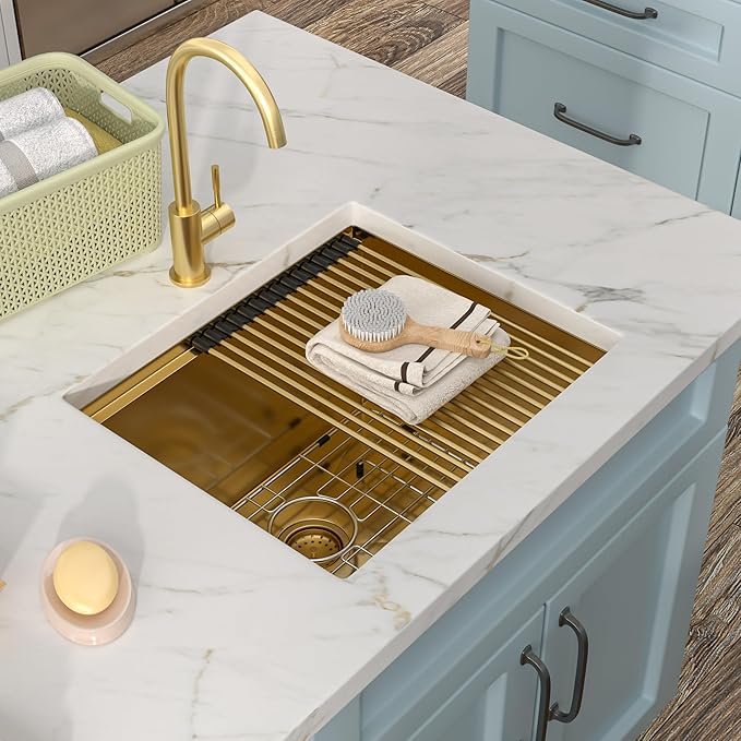 21"x18" Undermount Laundry Utility Sink Workstation – Brushed Gold NANO-PVD, 16 Gauge 304 Stainless Steel, 12 Inch Deep Single Bowl Sink Basin for Laundry Room, RV or Utility Use