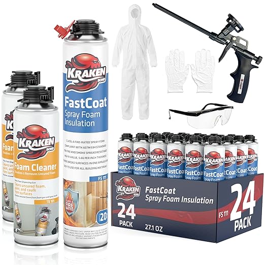 Kraken Bond Fastcoat Fire Rated Spray Foam Insulation (24x27.1 oz.) (R-Value 11.32 / 2in) Closed Cell Expanding Foam - Heat and Acoustic Insulation, Gun & Cleaner Included, 480 Board Ft, 24 Pack