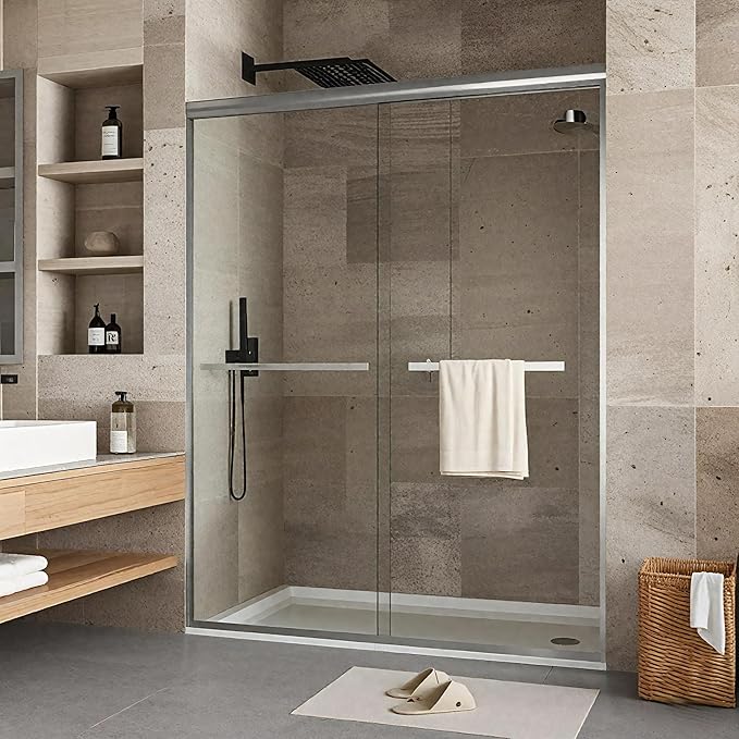 60" W x 72" H Single Sliding Shower Door - Bypass Space Saving Design with 1/4” Clear Tempered Glass & Aluminum Alloy Frame, Easy Installation & Reversible Hinges, Brushed Nickel