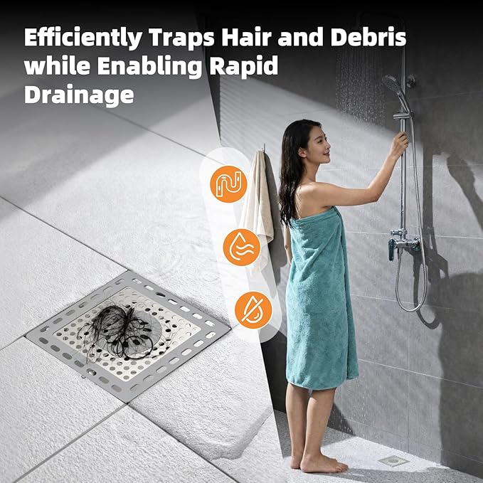 Hibbent Upgraded Shower Drain Hair Catcher, Shower Drain Cover for Bathroom Floor 4" Drain, Anti-Clogging Bathtub Drain Strainer, Stainless Steel Kitchen Sink Drain Strainer with Handle, Grey