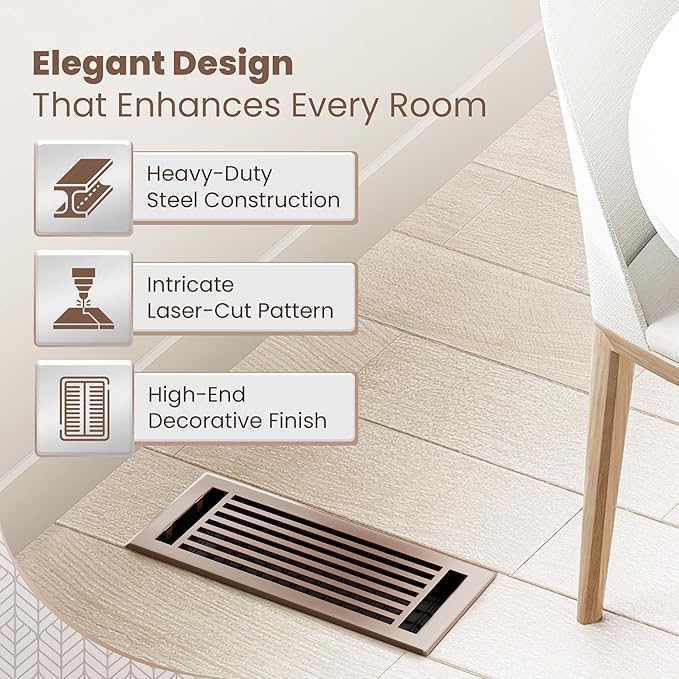 Floor Register 4x10 Vent Cover – 2 Pack – Heavy-Duty Steel, Rustproof & Walkable Grates, Drop-in Install, Adjustable Air Supply Switch - Decorative Straight Line Design, Satin Bronze
