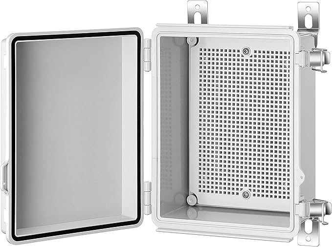 Junction Box, IP67 Waterproof Plastic Enclosure for Electrical Project, Hinged Grey Cover, Includes Mounting Plate and Wall Bracket 220×170×110mm (8.6"×6.7"×4.3")