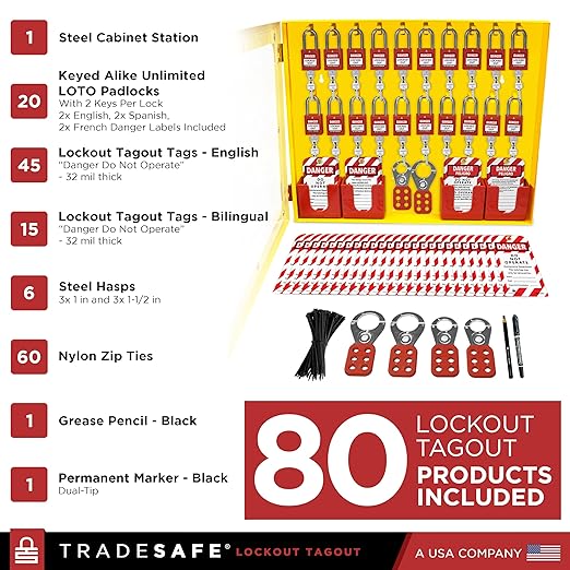 TRADESAFE Lockout Tagout Station with 20 Loto Locks Keyed Alike Unlimited, 6 Lockout Hasps, 60 Lock Out Tags, Lock Out Tag Out Kit Station, Lock Out Kit Cabinet 22-1/2 x 18 x 3 inches