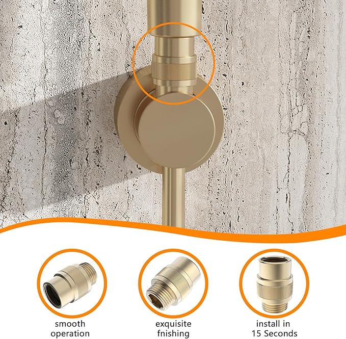 Shower Head Shut Off Valve, Shower Flow Control Valve Brass Shut Off Valve for Handheld, Dual Shower Faucet, RV Hose Flow Restrictor, Brushed Gold