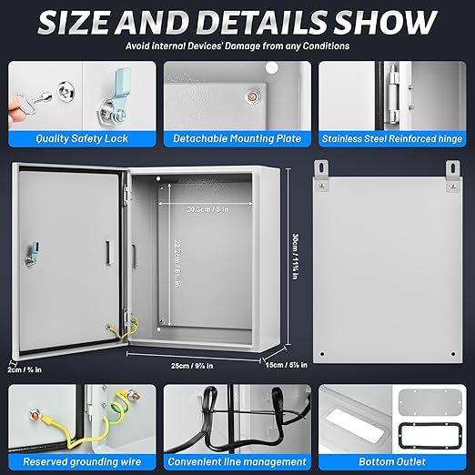Steel Electrical Junction Box, 12 x 10 x 6 Waterproof & Dustproof Electrical Enclosure, Outdoor & Indoor Universal Project Box with Lock & Mounting Plate