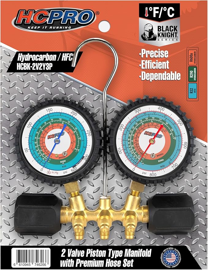 HCPRO Manifold Gauge Set R32 R290 R600 Hydrocarbon Refrigerant | Dual Scale F/C PSI | HVAC AC Brass Gauges 3-1/8" 800 PSI | 36" Hoses 4000 PSI Burst | Professional Service Kit