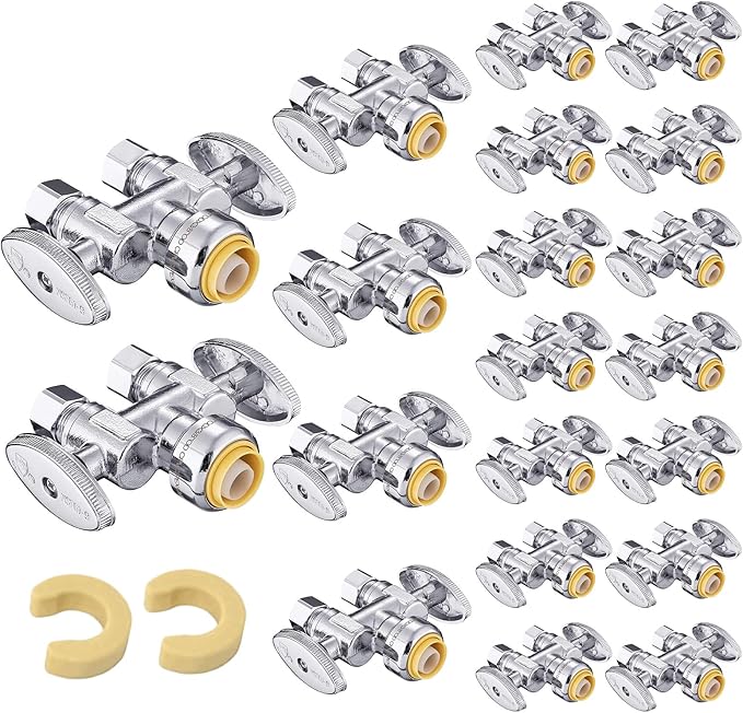 (Pack of 20) EFIELD Push Fit 1/2" x Dual 3/8" OD Compression Straight Stop Valve, 1/4 Turn with a Disconnect Clip Tool,(PF-VALVE039-20PCS)