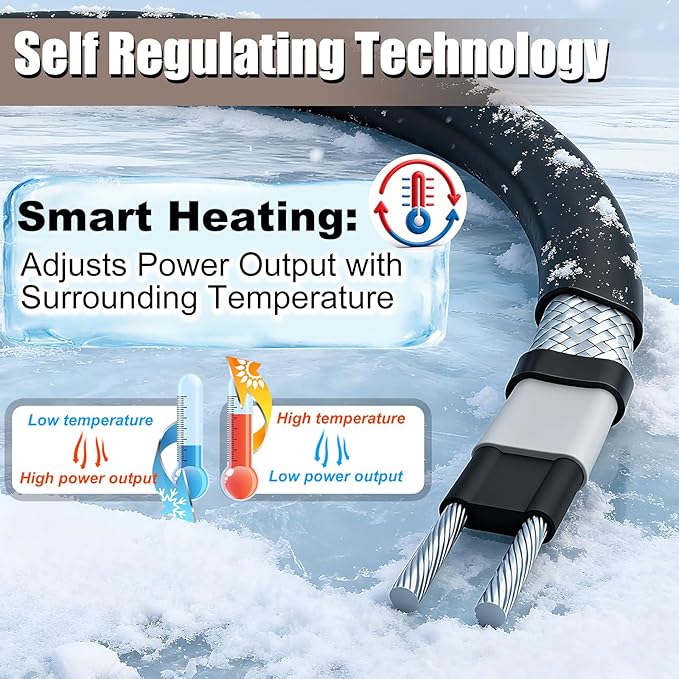 in Pipe Heating Cable Prevents Pipes from Freezing, Internal Self-regulating Heat Trace Cable for Safe Drinking Water, 120V 20FT
