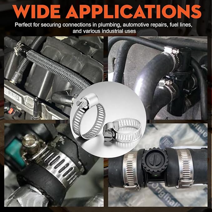 185PCS 304 Stainless Steel Worm Gear Hose Clamps,1/4"-2"(6-51mm) Hose Clamp Assortment with 1-Set 9.84FT Metal Strap+8 Fasteners for Secure Plumbing, Automotive, Fuel Line,Industrial Applications