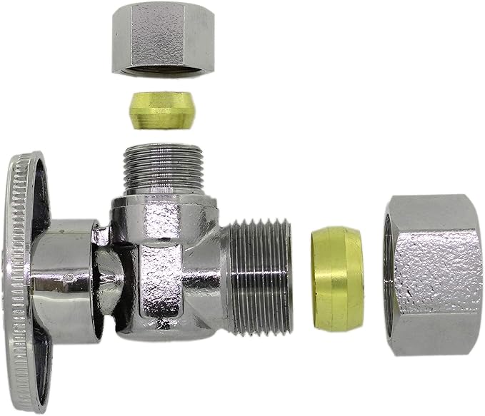 Angle Stop Valve 5/8" OD (1/2" Nominal) Compression x 3/8" OD Compression- Chrome Plated Brass ¼ Turn Angle Valve For Water Pipes, Toilets, Sinks- Lead-FreeWater Shut Off Valve, 10 Pack