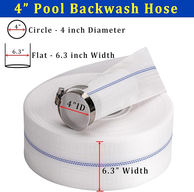Pool Backwash Hose 4” × 100 ft Fiber Reinforced Discharge Hose General Purpose Flexible Lightweight Lay Flat Pump Drain Pipe Hose for Water Transfer (4in-100ft, Anti-abrasion)