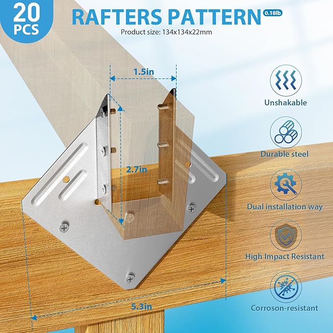 20 Pack Hurricane Tie,18-Gauge Hurricane Straps，Hot Dip Strong Galvanized Joist Hangers ,Rafter tie Brackets for Roofing Trusses Wood Timber,Seismic Bracket,Hurricane Clips