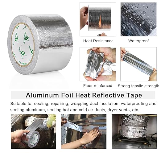 BOMEI PACK Adhesive Aluminum Foil Heat Shield Tape 2 Pack Barrier Fiberglass Thermal Insulation Reflective Material High Temp Protection (3Rolls 3inch)