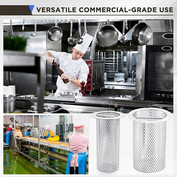 3" Diameter Commercial Floor Drain Strainer 6" Tall Perforated Cylindrical Mesh 316 Stainless Steel Drain Basket with Carry Handle –heavy-duty, for Restaurants, Kitchens, Factories