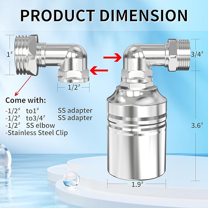 1/2" to 3/4" 1" Water Mini Float Valve,304 Stainless Steel Fully Automatic Level Controller Valve for Wate Tank, Livestock Troughs, Pool, Distiller
