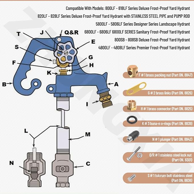 850 Sb Parts Kit Yard Water Hydrant Repair Kits & 8842 Plunger Fit for Simmons 800LF 800SB 4800LF 5800LF 6800LF Series Frost Proof Landscape Outdoor Yard Hydrant, Replace - 9401324