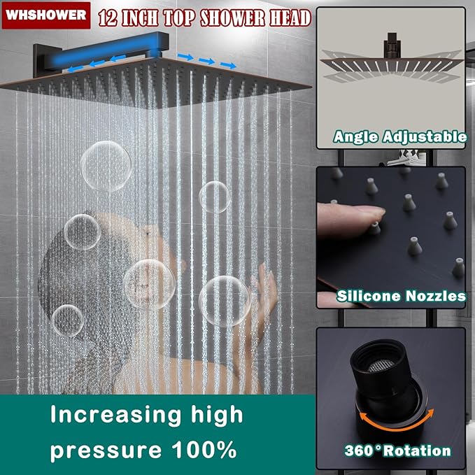 Temperature Display Rain Mixer Shower Faucet Set with 6 pcs Body Jets 12 inch Square Rainfall Shower Head with Handheld Spray Wall Mounted Rough-in Valve and Trim Included, Oil Rubbed Bronze