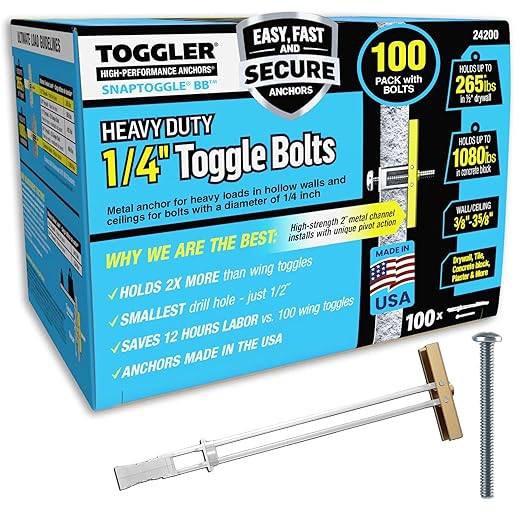 TOGGLER SNAPTOGGLE Drywall Anchors & Heavy-Duty Toggle Bolts – Zinc-Plated 1/4"-20 & 3/16"-24 UNC Anchors for Hollow Walls, Plaster & Tile – 100 Pack Each with Bolts Included