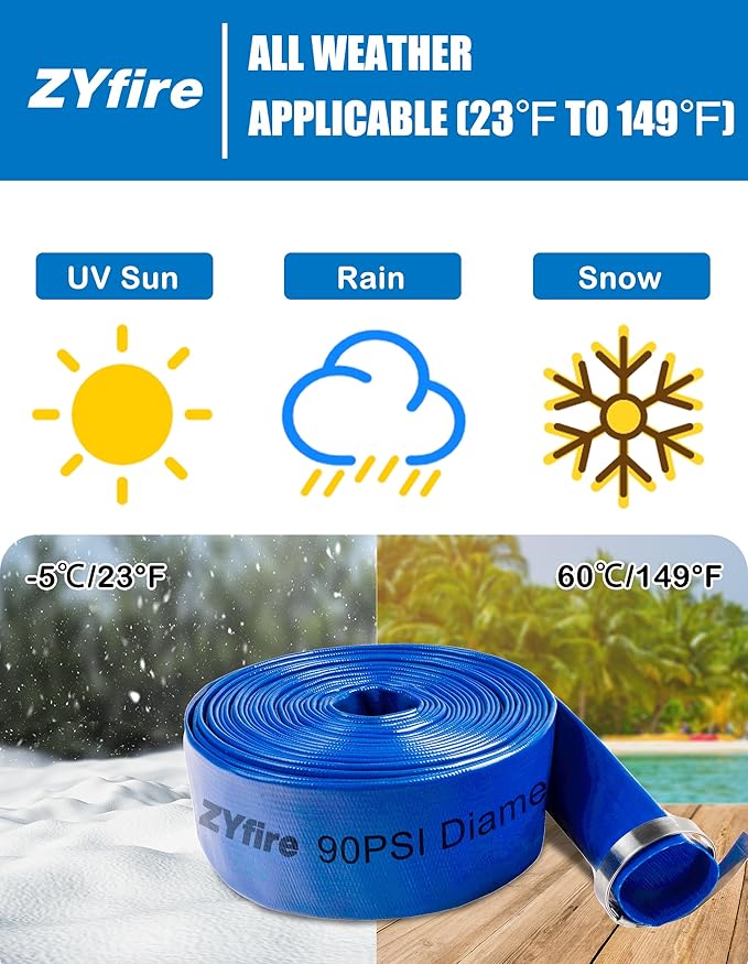 ZYfire Pool Backwash Hose with 2 Clamps - 2" x 100 FT PVC Lay Flat Discharge Hose Heavy Duty Reinforced Pool Hose Weather and Burst Resistant for Pool Drain, Sump Pump, Pool Filter