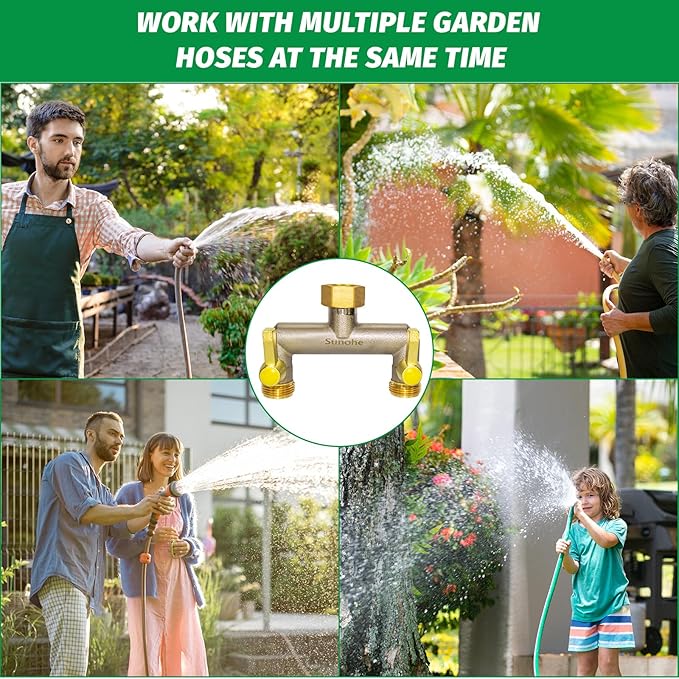 Garden Hose Splitter, Water Hose Splitter 2 Way Heavy Duty Brass Nickel Plated, Extended Metal Handle 3/4-Inch Hose Manifold, Rust and Freeze Resistant High Flow Outdoor Faucet Splitter