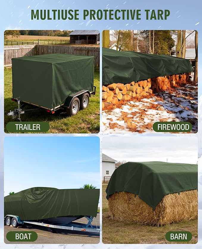 HIRALIY 20 Mil Heavy Duty Waterproof Tarp, 20x20ft Green Tarpaulin with Reinforced Webbing Loops, Multipurpose Oxford Fabric Tarp for Firewood, Roof, Camping, Pool