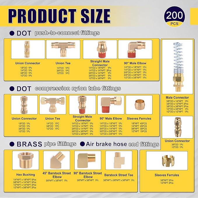 200 Pcs Brass DOT Air Brake Line Fittings & Air Nylon Tube Compression Fittings & Air Brake Hose End Fittings Assortment Kits,1/4" 1/8" 3/8" 1/2" NPT Air Hose Fittings