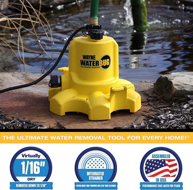 WAYNE - WaterBUG 1/6 HP 1350 GPH Submersible Pump with Multi-Flo Technology - Water Removal and Transfer Pump, Yellow