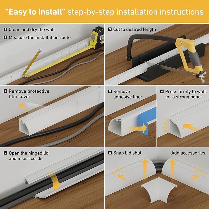 D-Line 30ft White Corner Cable Concealer Multipack, Floor Wire Hider, Quarter Round Cord Cover, Organize Cords in Corners, Floor Molding - 6X 5ft Lengths & Accessories