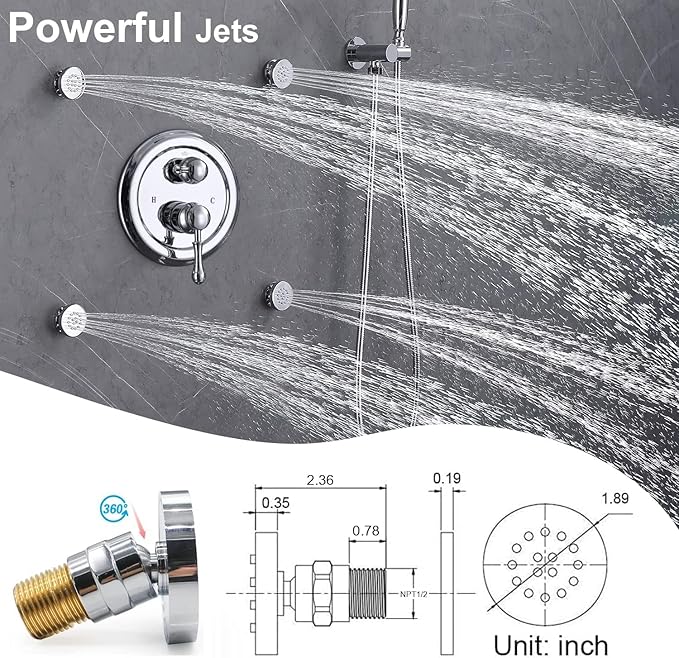 Enga Antique Shower Faucet Sets Dual Heads with 4 Body Jets, 8" + 6" Ceiling & Wall Mount Vintage Shower Head with Handheld Spray Combo, 4 Way Diverter Brass Valve, Chrome