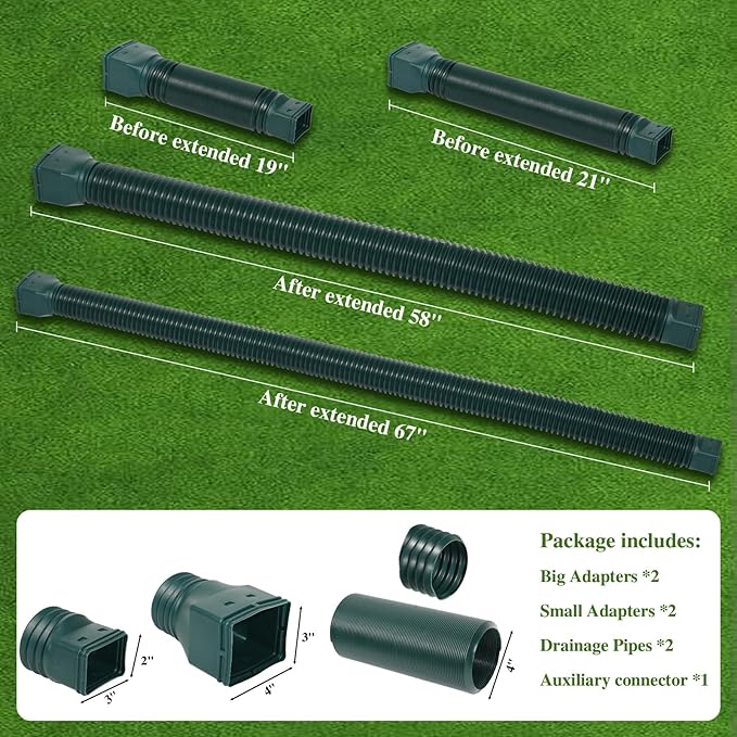 Flexible Gutter Downspout Extensions, Connectable Downspout Extender with 58"+ 67" Extendable Pipe, Thickened Down spout Drain Extension for Rainwater Drainage(2 Pack, Green)