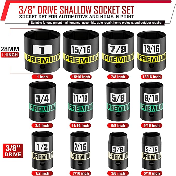12-Piece 3/8" Drive Shallow Impact Socket Set, 5/16 to 1 inch, Semi-Deep Sockets, CR-V, Socket Set for Automotive and Home, SAE, 6 Point