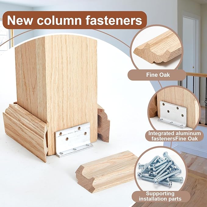 Blulu 1 Set 3" Newel Post Mounting Kit 4 Pcs L Bracket Metal Post Anchor with 4 Pcs Red Oak Wood Trim Deck Base Fasteners for Fastening Handrails Balustrades to Stairs and Floors