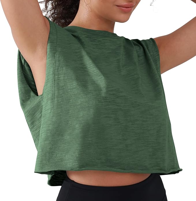 Women’s 100% Cotton Cropped Workout Tank Tops Soft Breathable Loose Fit Muscle Tank for Gym Yoga Running