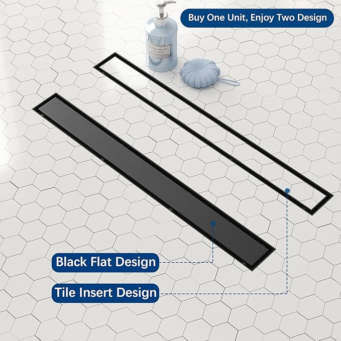 Neodrain 18-Inch Linear Shower Drain,with 2-in-1 Flat & Tile Insert Shiny Black Cover, Rectangle Shower Floor Drain, Linear Drain with Adjustable Leveling Feet, Hair Strainer
