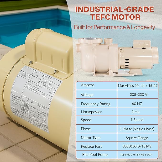Swimables 340040 2 HP SuperFlo Pool Pump - Replacement for Pentair SuperFlo 2HP and VS Pumps – Inground Variable Speed 2 HP Pool Pump - High Flow, Quiet Motor - 7,860 GPH Compatible, 1.5"/2" Ports