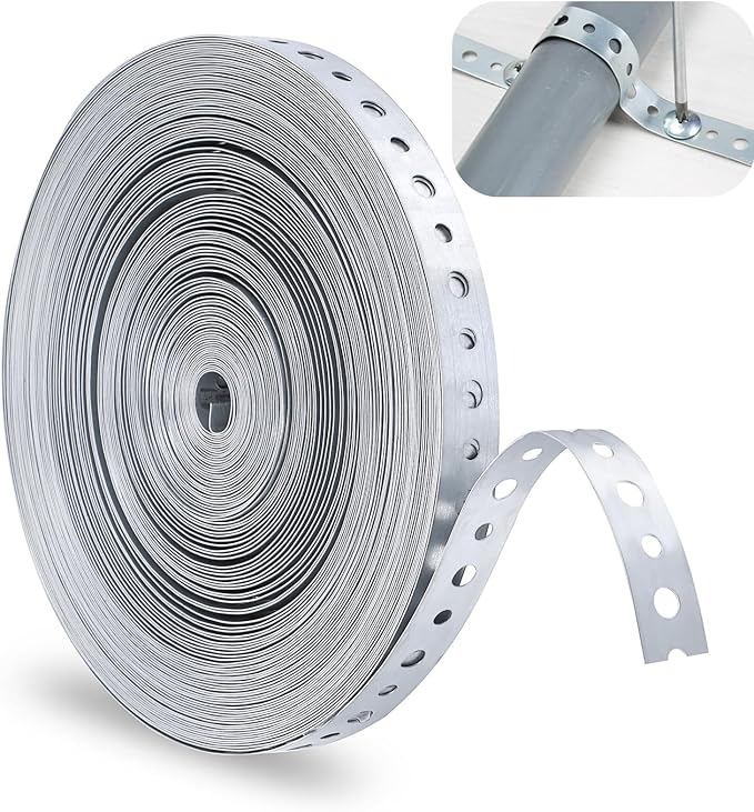 Galvanized Metal Pipe Strap, 100 Feet 24-Gauge Galvanized Hanger Straps, Pipe Hanger Strap Pipe Strap Metal Strap for Pipe Support Hanging and Flexible Trimming with Holes