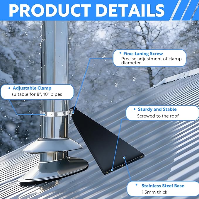 Snow Guards for Metal Roofs, Adjustable Stainless Steel Chimney Pipe Support Bracket, Heavy-Duty Snow Destroyer for 8"-10" Vent Pipes, Chimneys, and Stack Pipes