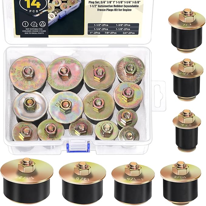 14Pcs 7 Sizes Neoprene Rubber Expansion Plug, 1-1/2'', 1-3/8'', 1-1/4'', 1-1/8'', 1'', 7/8'', 3/4'' Automotive Rubber Expandable Freeze Plugs Fit Hole Size: 3/4"~1-1/2" (19mm~38mm)