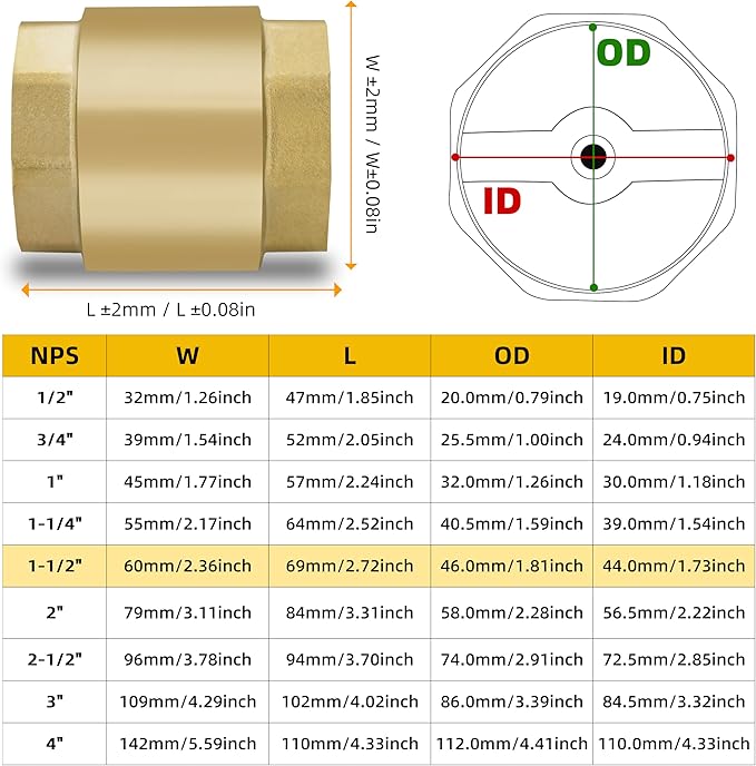 1-1/2" NPT Brass Vertical Check Valve, NPT Thread Vertical Lead-Free In-Line Spring Check Valve, Non Return One Way Counterflow Valve to Prevent the Medium Backflow for Oil Water Gas Air DN40