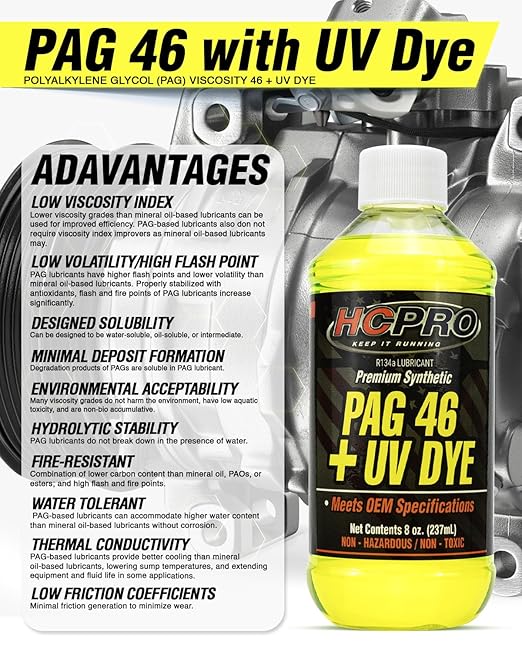 HCPRO PAG 46 UV Dye A/C Compressor Oil – High-Viscosity Leak Detection Lubricant for Auto A/C Systems, Professional-Grade PAG 46 Lubricant for Compressor Protection & System Maintenance (6)