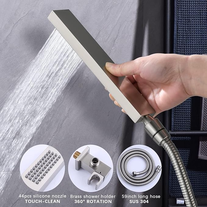 Temperature Display Shower Fixtures Brushed Nickel Rainfall Shower System, Push Button Shower Faucet with 2 Wall Mounted Shower Head(12+8"), Handheld Shower