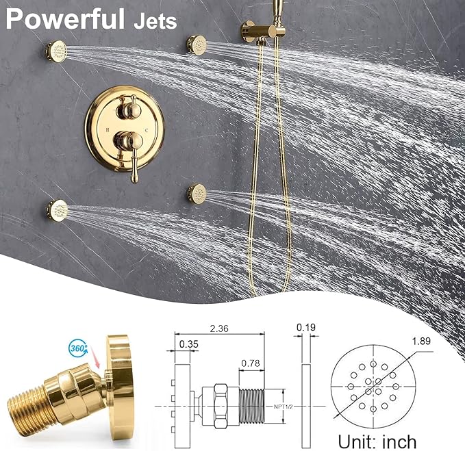 Enga Antique Shower Faucet Sets 8 inch Rainfall Head with Body Jets Handheld Spray Fixtures Combo, Brass 3 Way Diverter Rough in Valve Trim Kit, Bright Gold