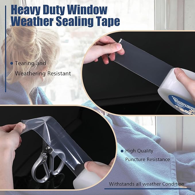Heavy Duty Window Weather Sealing Tape - Transparent Window Tape for Winter and AC Insulation, No Mess Winter Window Seal Kit - 3 Inch Wide 180 FT Long