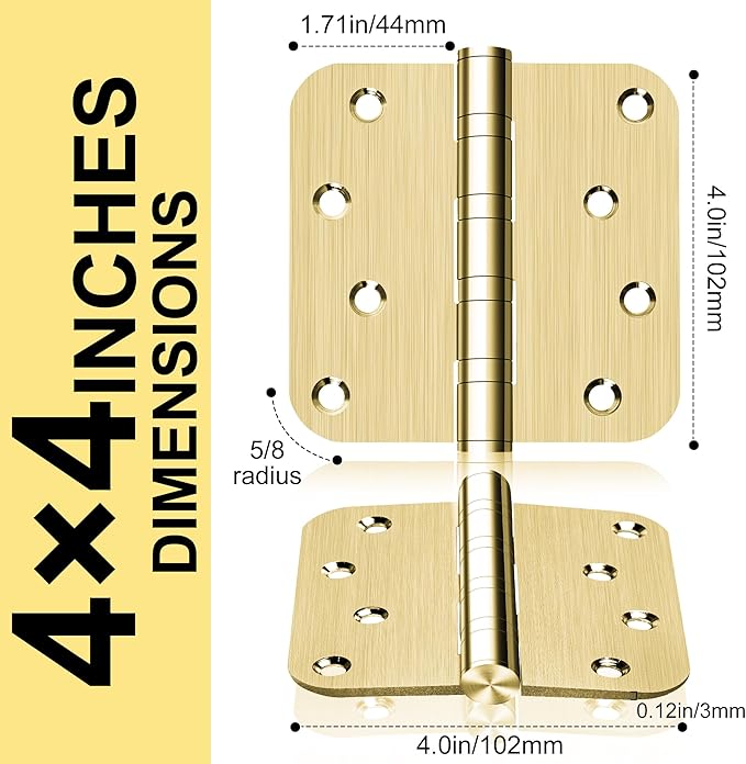 6 Pack 4" Heavy Duty Door Hinges with 5/8'' Radius Corner, 4in x 4in Stainless Steel Door Hinges for Exterior & Interior Doors, Smooth and Quiet (Gold)