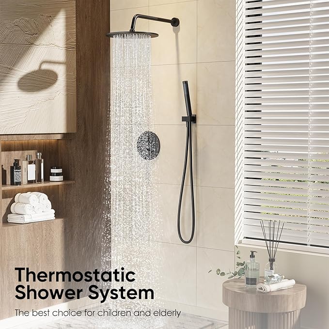 Gabrylly Thermostatic Shower Faucet Set, All Metal Shower System with Anti Scald Shower Valve, High Pressure 10" Rain Shower head with Handheld Spray Combo, Matte Black