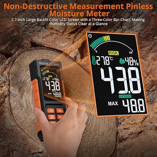 Proster Pinless Moisture Meter with Alarm - Non-Destructive Wood Moisture Tester for Walls, Flooring, Lumber | 20mm Depth, VA Color Screen, Acoustic Alert, 4 Modes (Drywall, Mortar, Hard/Softwood)