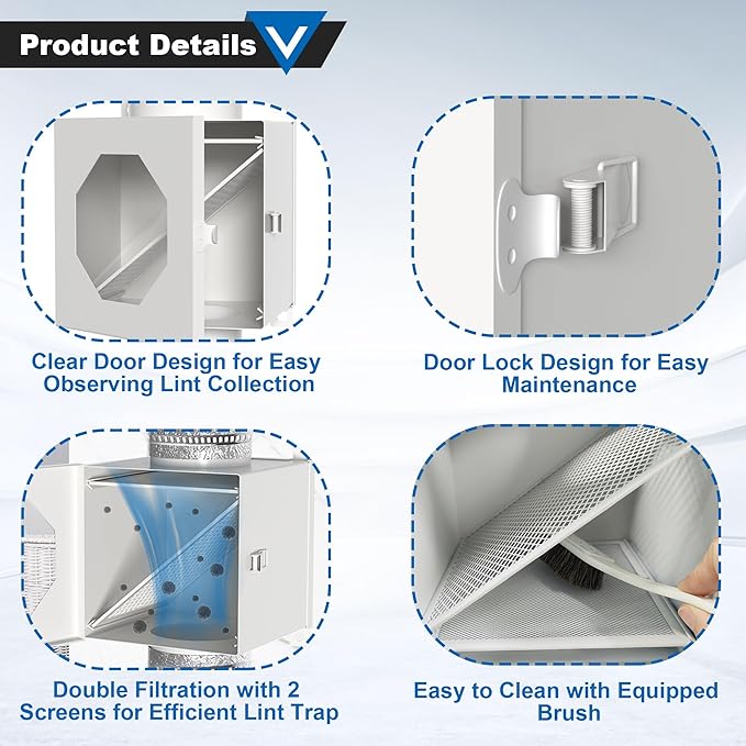 Dryer Lint Trap, Indoor Dryer Vent Kit, Metal Lint Catcher Box with 4" Dryer Vent Hose Duct Clamps Aluminum Foil Tape Cleaning Brush 2 Metal Filter Screens Set