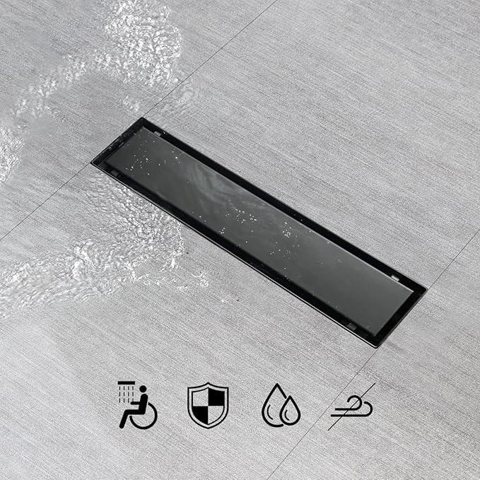 SaniteModar Linear Shower Drain, Black Shower Drain 12 inch with Flat & Tile Insert 2 in 1 Panel, Black Shower Floor Drain with Hair Strainer and Leveling feet